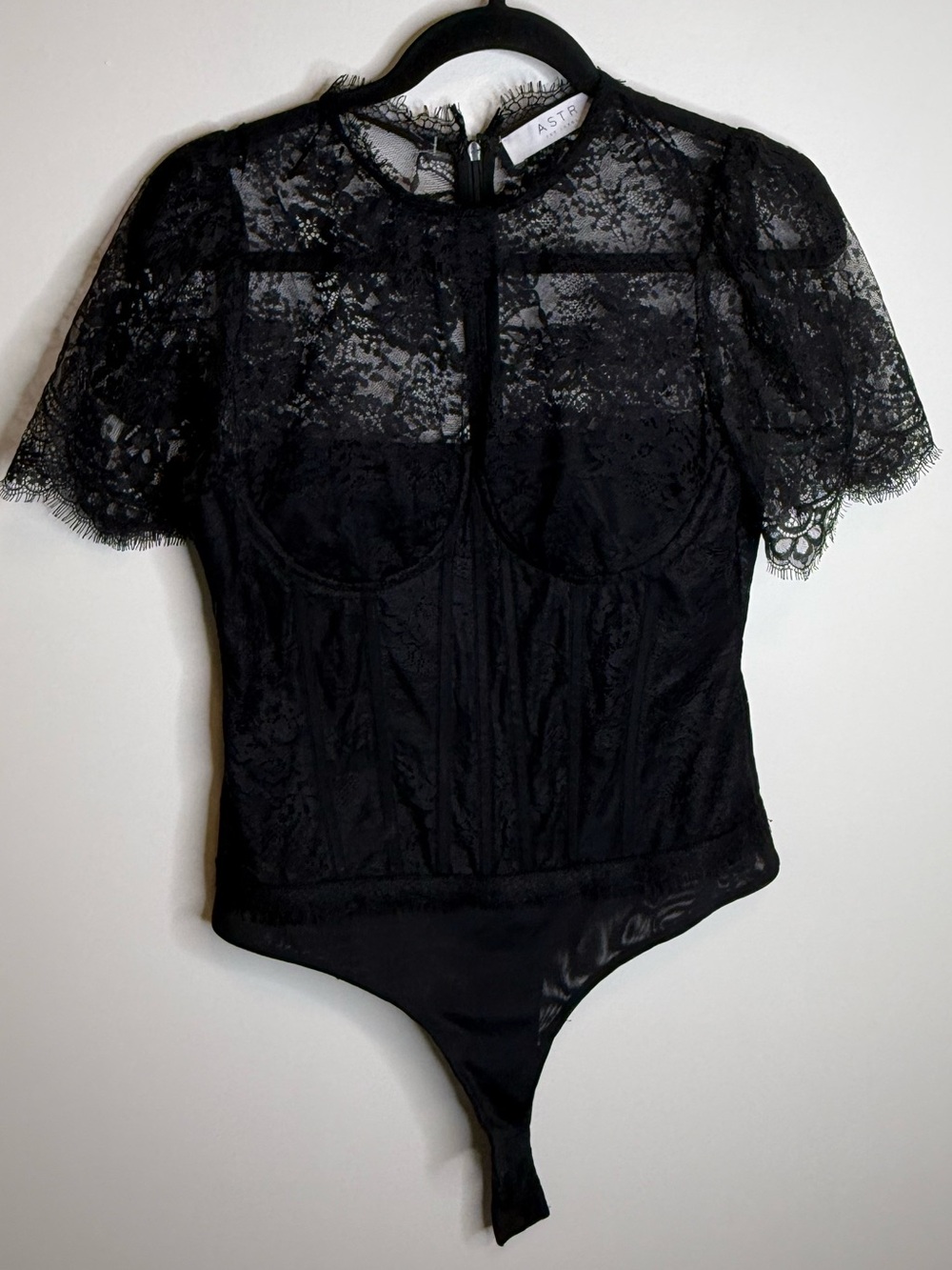 Astr Sheer Black Lace Short Sleeve Bodysuit size medium corset style